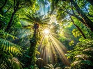 Wall Mural - Sun-dappled New Zealand rainforest: vibrant foliage, sunlight piercing lush tropical canopies.