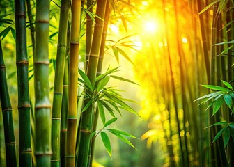 Wall Mural - Sun-drenched bamboo, bokeh-blurred, lush green foliage thrives in deep focus, a tropical forest bathed in sunlight.