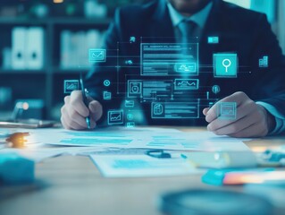 Poster - Professional Man in Formal Suit Engaged with Digital Tablet at Modern Office Table Featuring Blue Screen Display Reflecting Contemporary Workspace Atmosphere
