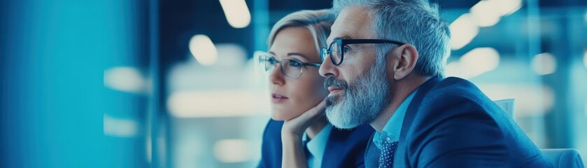 Poster - Professional Man and Woman in Business Attire Engaged in Conversation in a Modern Office Setting Reflecting Collaboration and Career Growth Opportunities