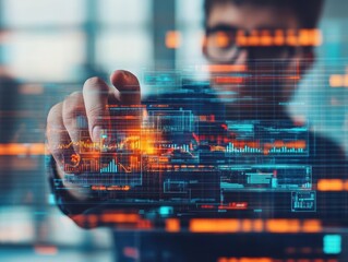 Fototapete - A thoughtful man engaging with an interactive digital interface while standing in a modern workspace illuminated by soft ambient lighting and technology