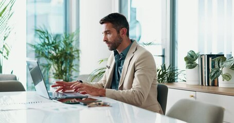 Poster - Laptop, typing and online with business man in office for client feedback, virtual advisor or news. Research, investment portfolio and tax refund with employee in agency for account admin and report