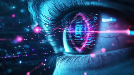 Poster - Captivating Closeup of a Woman's Eye Featuring a High-Tech Futuristic Interface in the Pupil Evoking Themes of Innovation and Human Connection