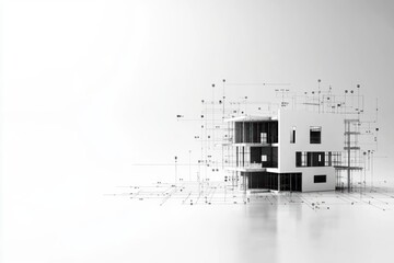 Poster - Elegant Modern Architecture of a White Building Featuring Striking Black and White Design Elements Against a Clear Blue Sky in a Minimalist Urban Setting