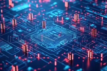 Aufkleber - futuristic computer circuit board illuminated with vibrant red and blue lights creating a high-tech 