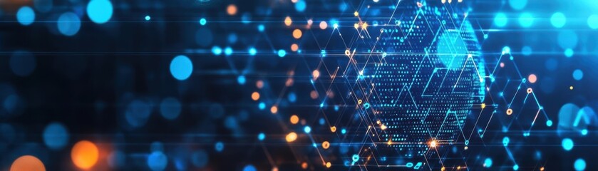 Poster - Vibrant Blue and Orange Abstract Background Featuring a Complex Digital Structure Evoking Modernity Energy and Artistic Expression in Contemporary Design