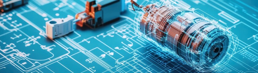 Poster - A Captivating Close-Up of a Professional Camera Resting atop a Detailed Blueprinted Circuit Board Highlighting the Intersection of Technology and Creativity