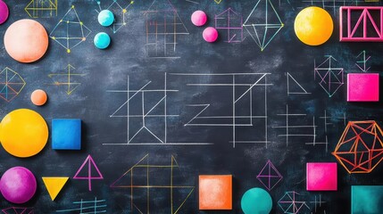 Poster - Vibrant and Dynamic Display of Colorful Geometric Shapes Arranged on a Dark Blackboard Background Creating an Engaging and Artistic Visual Experience