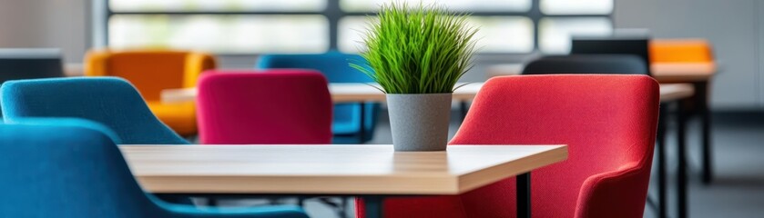 Poster - Vibrant Table Setting with Colorful Chairs Surrounding a Lush Green Plant Creating an Inviting and Cheerful Atmosphere for Social Gatherings