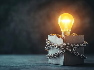 Poster - Illuminating Concept of Ideas and Creativity with a Light Bulb Resting on a Rough Concrete Block in a Minimalistic and Modern Artistic Setting