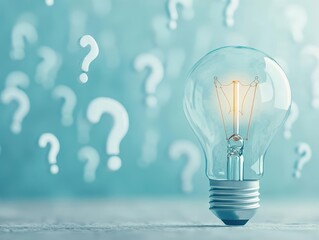 Poster - Illuminated Light Bulb Surrounded by Floating Question Marks Symbolizing Ideas Creativity and Problem Solving in a Conceptual Art Style Setting