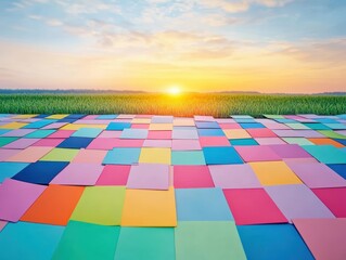 Poster - Vibrant Colorful Paper Squares Scattered Across Lush Green Grass Creating a Playful and Whimsical Outdoor Setting Inviting Creativity and Imagination