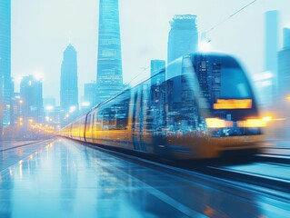 Poster - A Brightly Lit Train Gliding Through a Bustling Urban Landscape at Night Capturing the Vibrant Energy and Movement of City Life After Dark