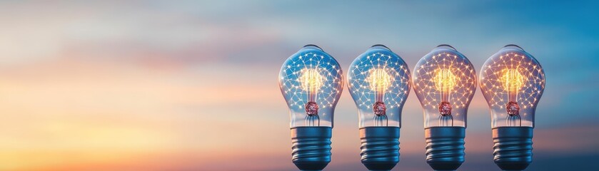 Poster - Three Illuminated Light Bulbs Against a Vivid Blue Sky Creating a Playful Atmosphere of Innovation and Brightness in a Contemporary Setting
