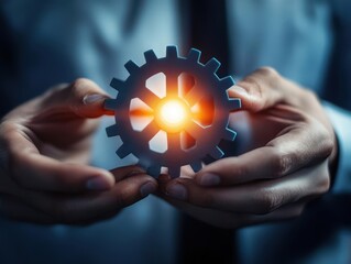 Poster - Person Holding a Large Metal Gear Wheel in Their Hands Symbolizing Industrial Power Engineering and Mechanical Innovation with a Focused Expression