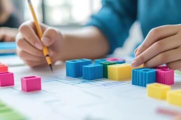 Poster - A Joyful Child Engaged in Creative Activity with Vibrant Colored Building Blocks in a Bright and Cheerful Indoor Environment Encouraging Imagination
