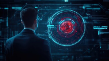 Fototapete - A man gazes intently at a glowing futuristic interface illuminated by a striking red light evoking a sense of wonder and technological advancement