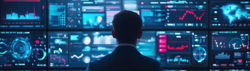 Poster - A man gazes intently at a vibrant wall of data illuminated by soft lighting creating a thoughtful and analytical atmosphere in a modern workspace setting