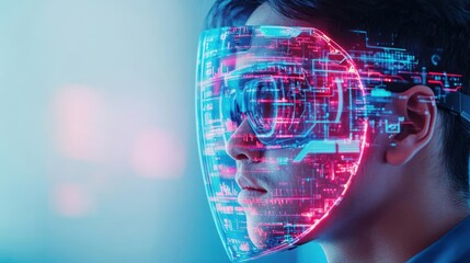 Poster - Futuristic Male Figure Sporting Innovative High-Tech Glasses Surrounded by Abstract Digital Elements Exuding a Sense of Modernity and Exploration