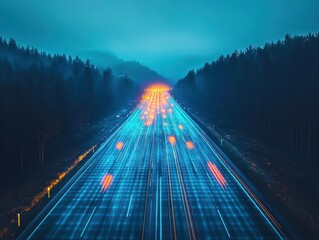 Poster - Vibrant Light Trails Illuminating a Busy Highway at Night Creating a Dynamic Urban Scene with Motion and Energy in a Lively City Environment