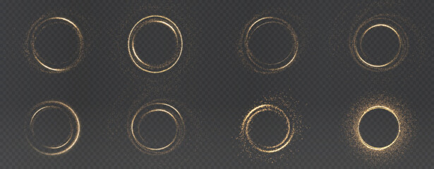Poster - glowing gold circle with sparkling light effects and a shimmering dust trail. Perfect for luxury designs, magic frames, energy flares, and vibrant decorative elements in a bright abstract style