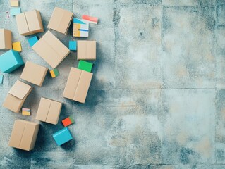 Poster - Stacked Cardboard Boxes on Rough Concrete Surface Creating an Urban Industrial Atmosphere Evoking Themes of Shipping Storage and Minimalist Design