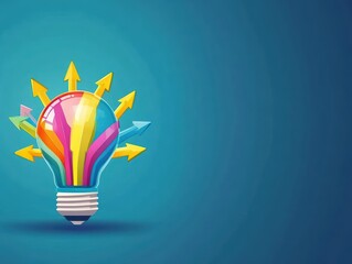 Poster - Vibrant Colorful Light Bulb Radiating Energy with Dynamic Arrows Emanating Symbolizing Innovation Creativity and Bright Ideas in Modern Design