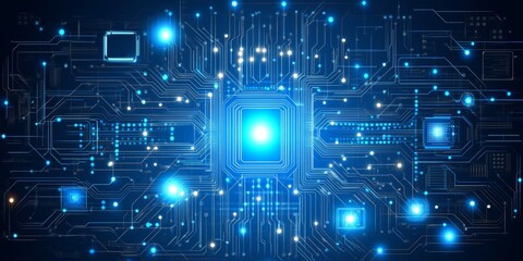 Poster - Futuristic Blue Tech Background, Flowing Pattern Of Digital Circuits And Bright Light Points