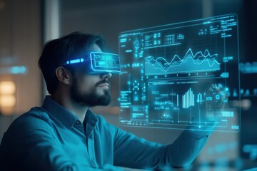 Poster - Focused Man in Blue Shirt Engaged with Advanced Virtual Technology Creating an Immersive Experience in a Modern Digital Environment of Innovation