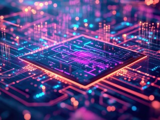 Poster - Intricate Circuit Board Design Featuring Central Processor Surrounded by Complex Pathways and Components Illustrating Technology and Innovation in Electronics