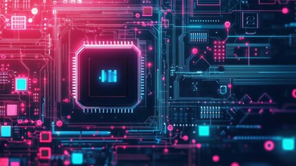 Poster - Futuristic Computer Processor Set Against a Bold Red and Blue Abstract Background Highlighting Technology Innovation and Digital Advancement Aesthetic