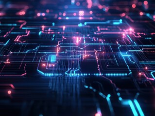 Poster - Futuristic Circuit Board Illuminated with Vibrant Glowing Blue and Pink Lights Creating a High-Tech Atmosphere and Captivating Visual Experience