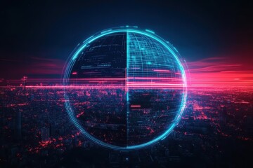 Poster - Futuristic Cityscape Illuminated by Vibrant Neon Lights with a Majestic Planet Dominating the Sky Creating a Dreamlike Sci Fi Atmosphere and Energy