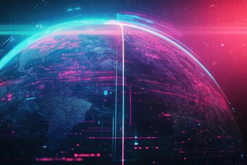 Poster - Futuristic Planet Landscape with Neon Blue and Pink Glows Illuminating the Surface Creating an Otherworldly Atmosphere in a Cosmic Setting