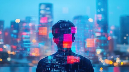 Fototapete - Futuristic Urban Landscape Featuring a Man Interacting with Advanced Digital Interface Surrounded by Skyscrapers in a Dynamic City Environment