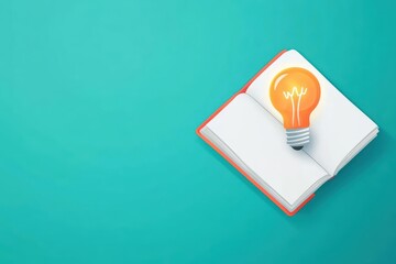Poster - Illuminated Light Bulb Placed on an Open Book Symbolizing Ideas Knowledge Creativity and Inspiration in a Warm Cozy Reading Environment