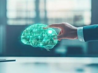 Poster - Intriguing Concept of Human Cognition with a Person Holding a Green Brain Symbolizing Creativity Knowledge and Mindfulness in a Thoughtful Gesture