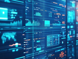 Fototapete - Dynamic Computer Screen Displaying Colorful Graphs and Data Visualizations in an Engaging Office Environment Promoting Analysis and Productivity