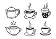 © Muflif - Hand-drawn hot drinks set with doodle-style on a white background. Includes coffee, tea, cappuccino, espresso, latte, americano, and hot chocolate. Vector illustration