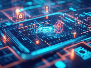 Poster - Vibrant Blue and Orange Abstract Background Featuring Intricate Circuit Patterns Evoking a Futuristic Technological Aesthetic with Dynamic Energy