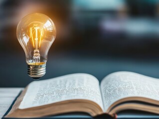 Poster - An Open Book with a Bright Light Bulb Illuminating the Pages Symbolizing Ideas Creativity Knowledge and Inspiration in a Thoughtful Learning Environment