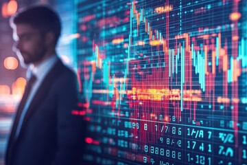 Poster - Businessman in Elegant Suit Analyzing Data Trends on Digital Screen with Chart Displayed in Modern Office Environment Reflecting Professionalism and Focus