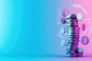 Poster - A Glimmering Stack of Various Coins on a Vibrant Blue Background Showcasing the Intricate Details and Unique Features of Each Coin in Focus