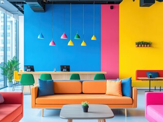 Poster - Vibrant Modern Office Space Featuring Colorful Furniture and Bright Natural Light Pouring Through a Large Window Creating an Energetic Work Environment