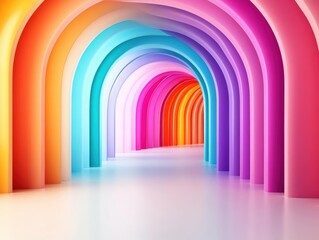 Poster - Vibrant Colorful Tunnel with Striking Rainbow Patterns Illuminating the Pathway Creating a Dreamlike Atmosphere of Joy and Wonder for Visitors