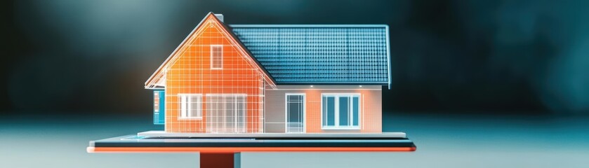 Poster - Charming House Model on a Table with Bright Blue Sky in the Background Evoking a Playful and Whimsical Atmosphere of Imagination and Creativity