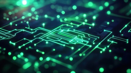 Poster - Illuminated Circuit Board with Vibrant Green Lights Creating a High-Tech Atmosphere Highlighting Innovation and Modern Technology in Digital Era
