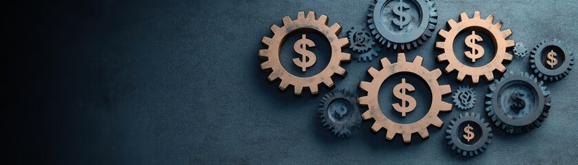 Poster - Intricate Wall Design Featuring Interlocking Gears and Prominent Dollar Signs Symbolizing Wealth and Industry in a Modern Urban Setting