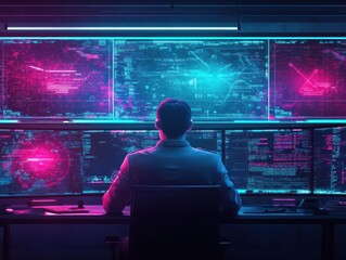  - Focused Professional Man Working at Modern Desk Surrounded by Multiple Computer Screens Creating a Dynamic and Productive Work Environment