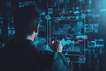 Poster - Businessman in Formal Suit Analyzing Data on Screen Surrounded by Graphs Reflecting Market Trends in a Professional Office Environment